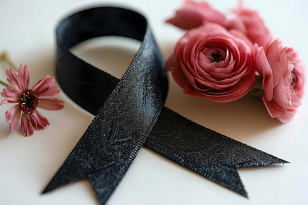 Black ribbon and flowers on white background, symbol of breast cancer awarenessの写真素材