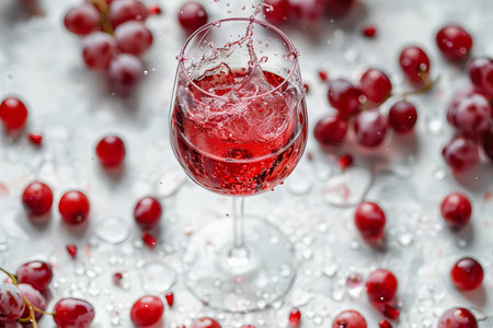 Red wine pouring into a glass with water drops on a white background.の写真素材