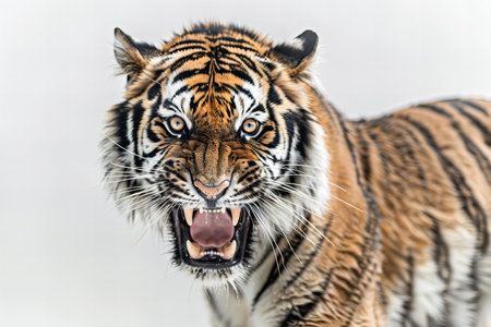 Close-up portrait of a tiger yawning on a white backgroundの写真素材
