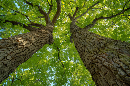 Low angle view of two trees with green leaves in the forest.の写真素材