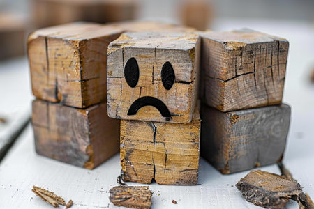 wooden cubes with sad face on a white background. close upの写真素材