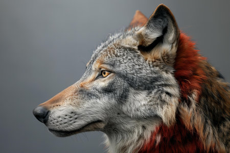 Portrait of a grey wolf on a gray background. Studio shot.
