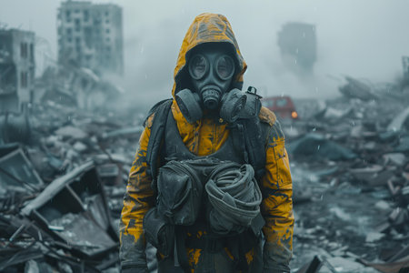A man in a gas mask stands in front of a destroyed building, which is covered with garbage.の写真素材