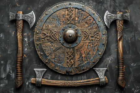 Ancient battle shield with two axes on dark background. 3d illustrationの写真素材