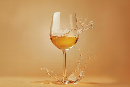 glass of white wine with splashes and drops on a brown backgroundの写真素材