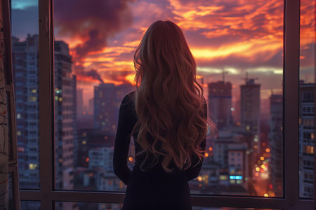 Back view of young beautiful woman standing near the window and looking at the sunset.