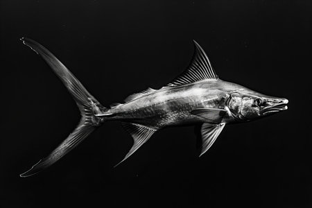black and white photo of a swordfish on a black background.の写真素材