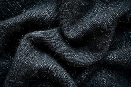 Black fabric texture background. Close up of crumpled black fabric.の写真素材