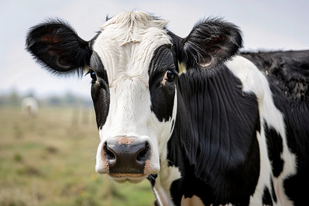 Portrait of a young black and white cow in a field.の写真素材