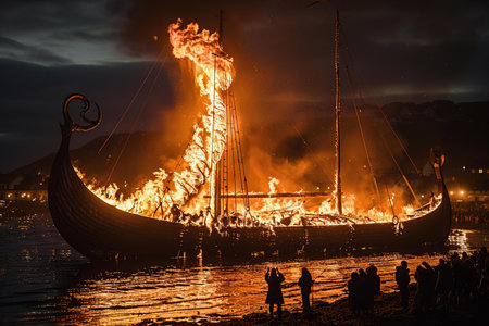 Flaming ship in the sea at night. Fire show.の写真素材