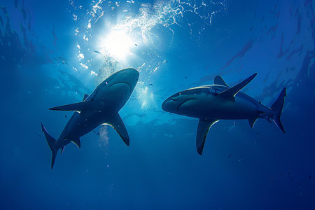 Two great white sharks swimming in deep blue ocean with sun rays.の写真素材