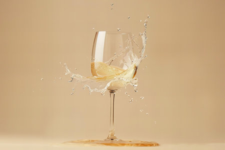 White wine splashing out of a glass, isolated on beige backgroundの写真素材