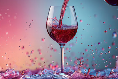 Pouring red wine into a glass with splashes on colorful backgroundの写真素材