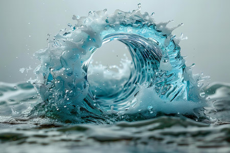 Water splash with ripples and drops on a blue background. 3d renderingの写真素材