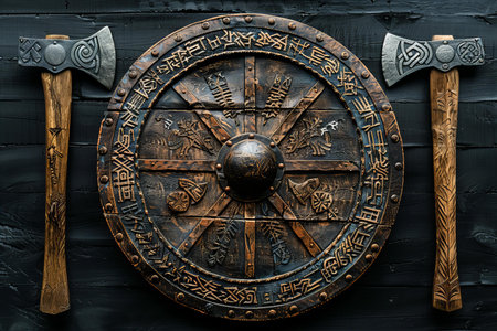 Medieval wooden shield and two axes on a black wooden background.の写真素材