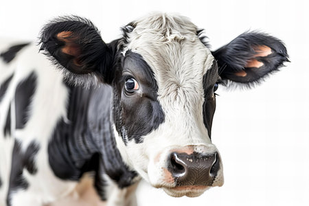 Portrait of a young black and white cow on a white backgroundの写真素材