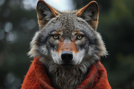 Close up portrait of a gray wolf in a red woolen coatの写真素材