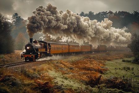 Vintage steam train on a foggy autumn morning, UK.