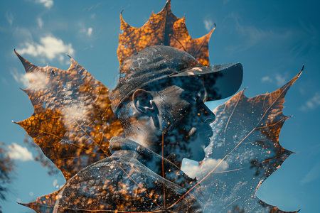 Man in hat and sunglasses with autumn maple leaves. Toned image
