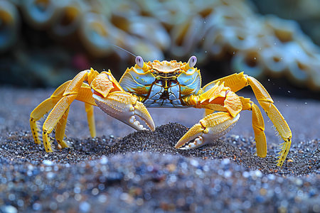 Close-up of a yellow crab on the beach, Thailand.の写真素材