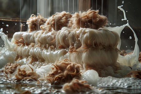 Cotton wool production in a factory, close-up, selective focusの写真素材