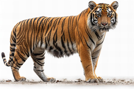 Portrait of a tiger standing on the ground. Isolated on white background.の写真素材