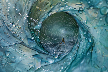 spider web with water drops closeup on blue background. macroの写真素材