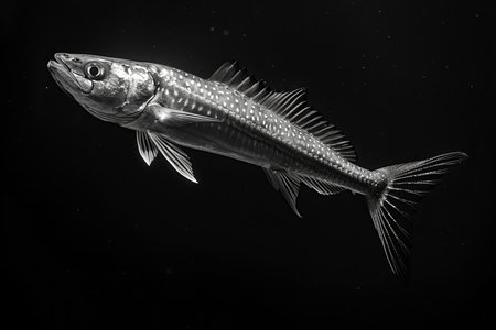Black and white photo of a fish on a dark background. Studio shooting.の写真素材