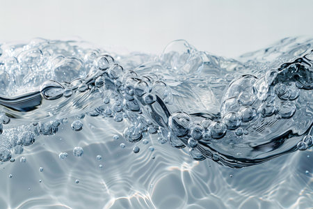 Water wave with bubbles on white background. Closeup of water surface