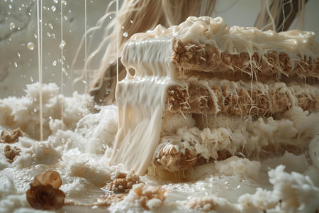 Close-up of a stack of bars of cake with cream and nutsの写真素材