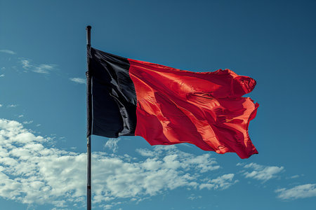 Flag of Belgium waving in the wind against a blue sky with cloudsの写真素材