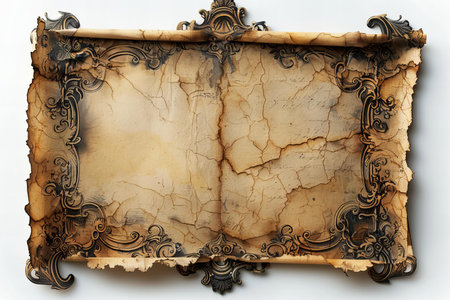 Old paper with decorative elements on a white background. Copy space.