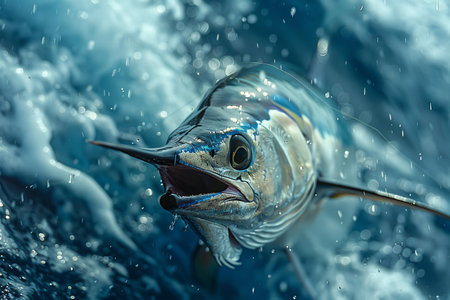 Close-up of a blue marlin fish in the water.の写真素材
