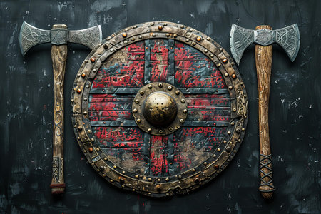 Medieval shield and two axes on dark background. Medieval weapon.