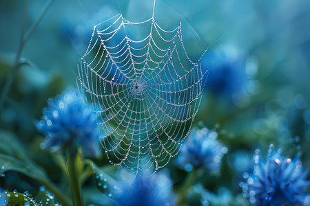 Spider web with dew drops on a background of blue cornflowers