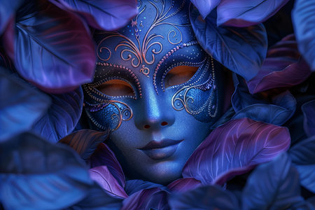 Blue Venetian mask with purple leaves. 3D illustration.の写真素材