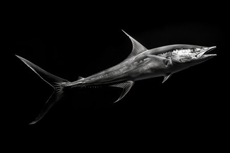 Tuna fish on a black background. Black and white photo.の写真素材