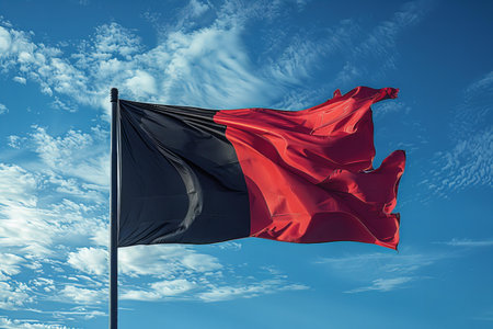 Black and red flag of the Republic of the Congo waving in the blue skyの写真素材