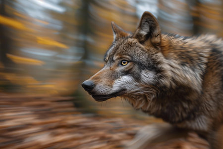 Portrait of a gray wolf in the autumn forest. Long exposure