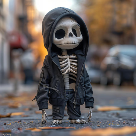 A little boy dressed in a skeleton costume walks through the city.
