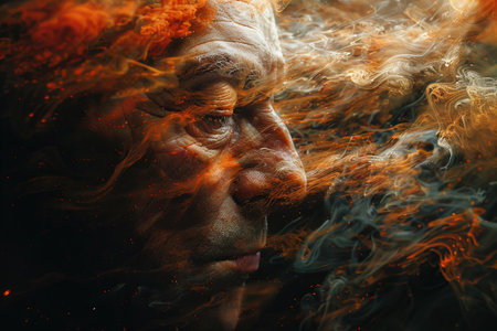 Portrait of an old man with orange smoke on a black background.の写真素材