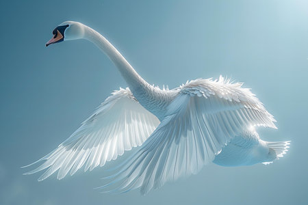 Beautiful white swan flying on a blue sky background. The mute swan, Cygnus olor
