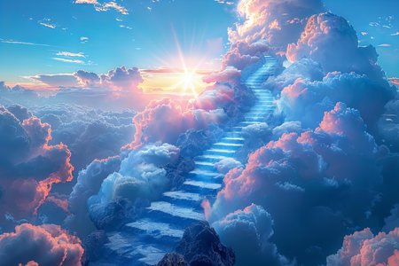 Conceptual image of stairs leading to heaven. 3d renderの写真素材