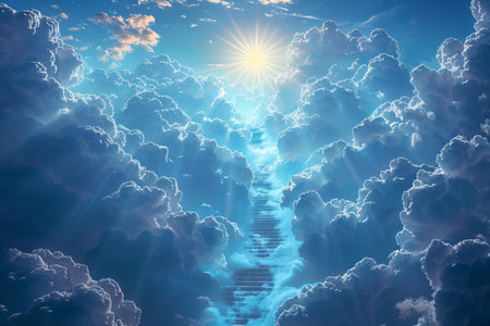 Stairway to heaven with clouds and sun. 3D renderingの写真素材