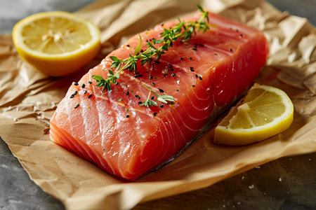 Salmon fillet with thyme and lemon on a wooden backgroundの写真素材