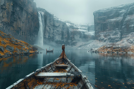 Foggy autumn landscape with a wooden boat and a waterfallの写真素材