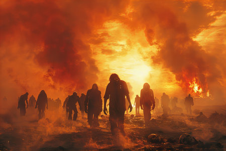 People are walking in the midst of a fire at sunset.