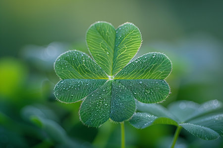 Green clover leaf with dew drops on a blurred background.