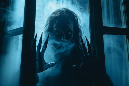 Close-up portrait of a scary woman in a dark room.