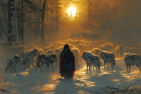 Person with wolves in the winter forest at sunset. Beautiful landscape.